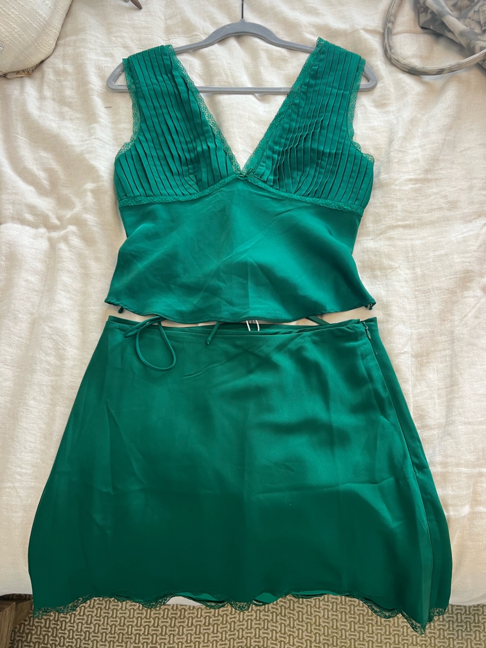 NIA Emerald Green Sleeveless Pleated-Detail Top and Matching Skirt Set